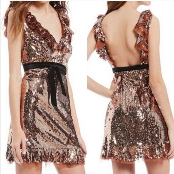 Free People Dress Rose Gold Sequin Dress Tribeca Cocktail Party Prom Dress Sz 12 - Picture 3 of 15